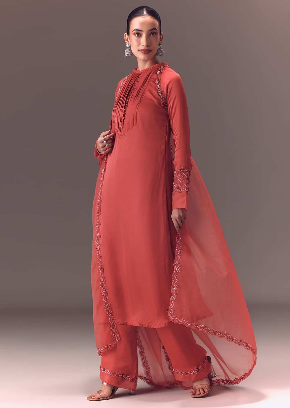 Dusty Rust Organza Kurta Set With Raglan Sleeves