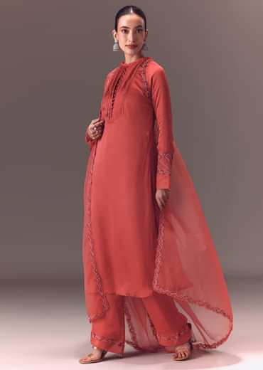 Dusty Rust Organza Kurta Set With Raglan Sleeves