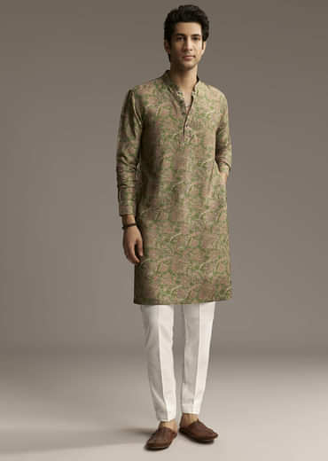 Eathy Brown Silk Designer Kurta For Men With Subtle Floral Vine Print