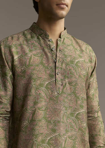 Eathy Brown Silk Designer Kurta For Men With Subtle Floral Vine Print