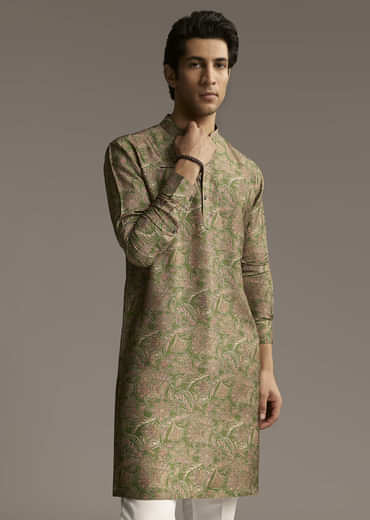 Eathy Brown Silk Designer Kurta For Men With Subtle Floral Vine Print