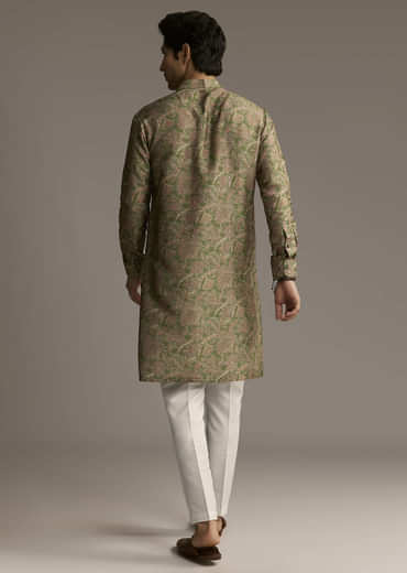 Eathy Brown Silk Designer Kurta For Men With Subtle Floral Vine Print