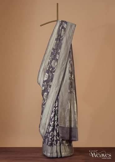 Fog Grey Saree In Tissue Georgette With Banarasi Zari Weave And An Unstitched Blouse