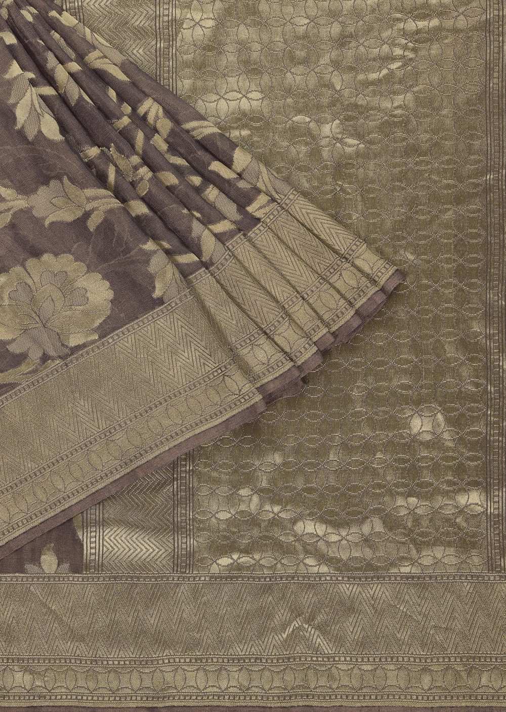 Fog Grey Saree In Tissue Georgette With Banarasi Zari Weave And An Unstitched Blouse