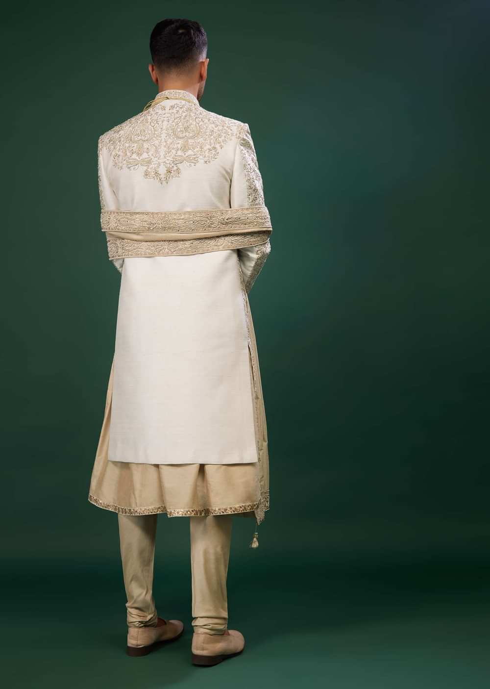 Beige White Embroidered Raw Silk Sherwani Set