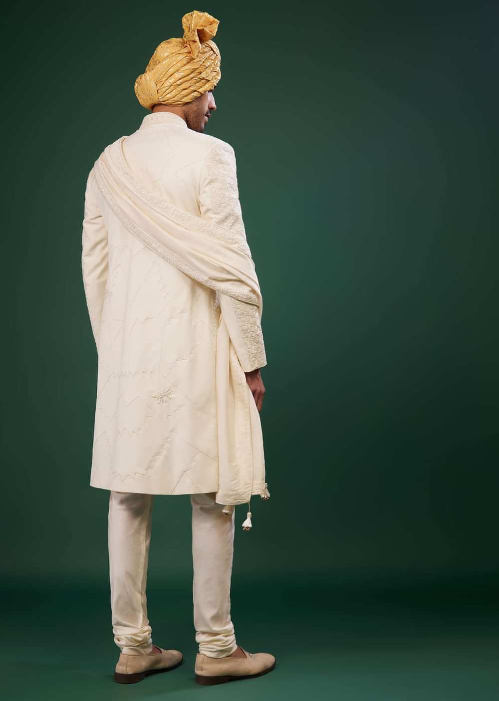 Pearl White Sherwani Set Embroidered In Raw Silk