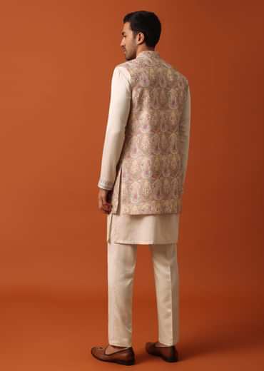 Elegant Beige Exquisite Embroidered Jacket Kurta Set