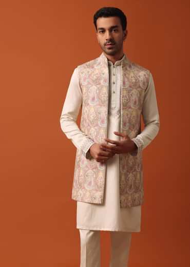 Elegant Beige Exquisite Embroidered Jacket Kurta Set