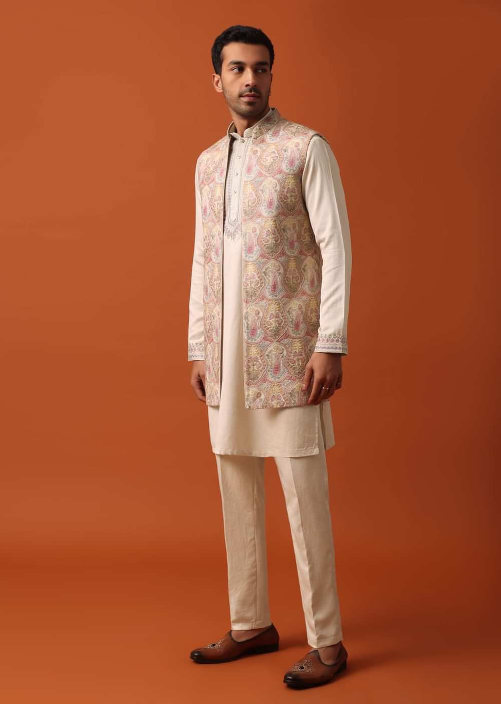 Elegant Beige Exquisite Embroidered Jacket Kurta Set
