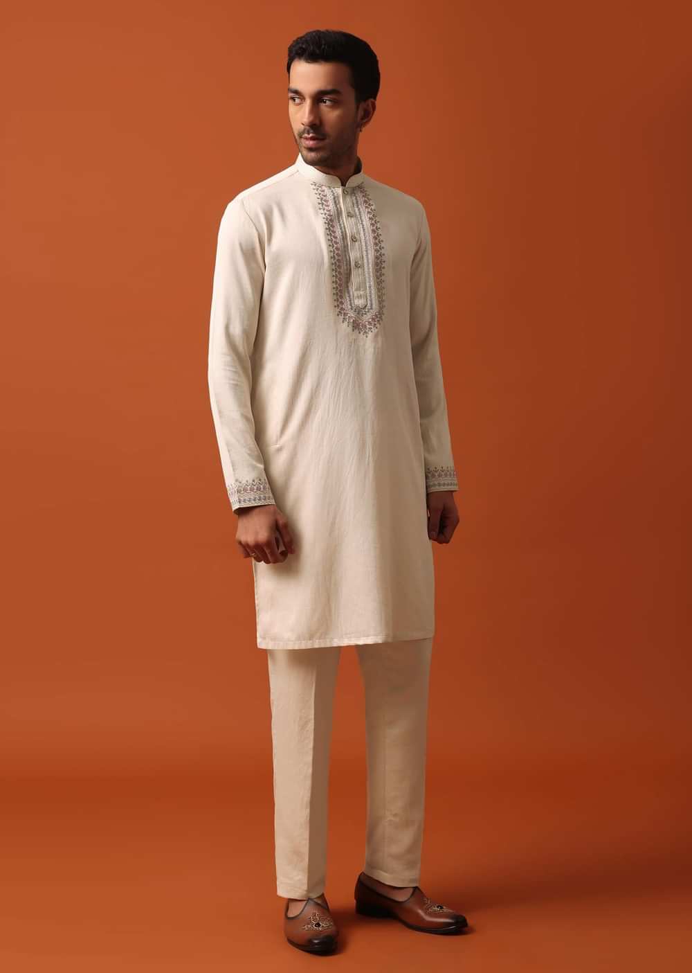 Elegant Beige Exquisite Embroidered Jacket Kurta Set