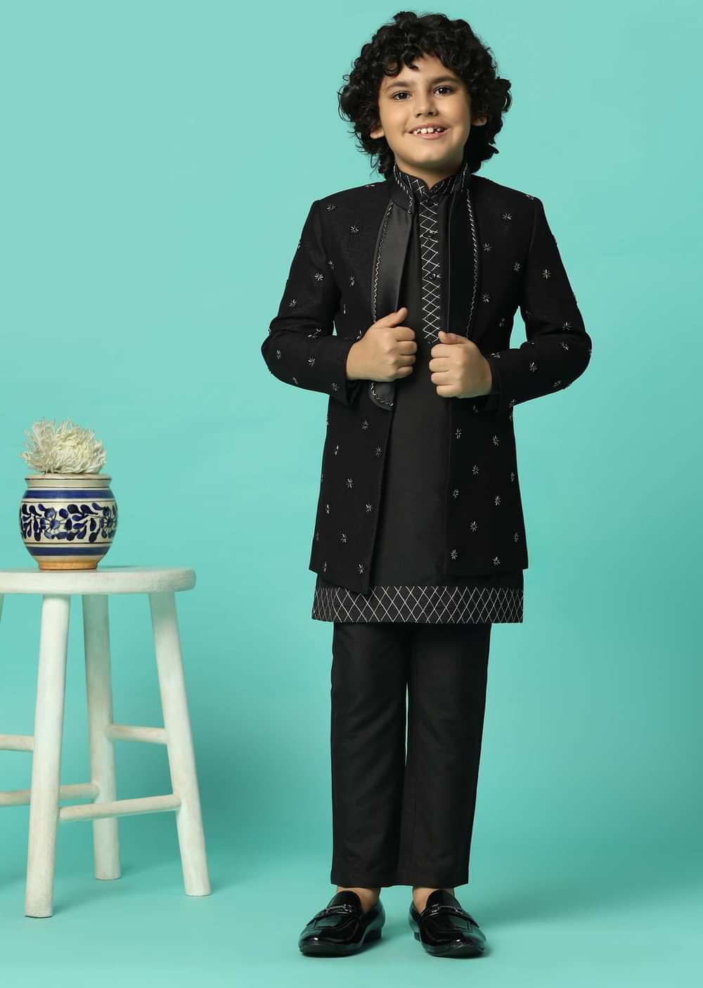 Elegant Black Silk Sherwani Set For Boys