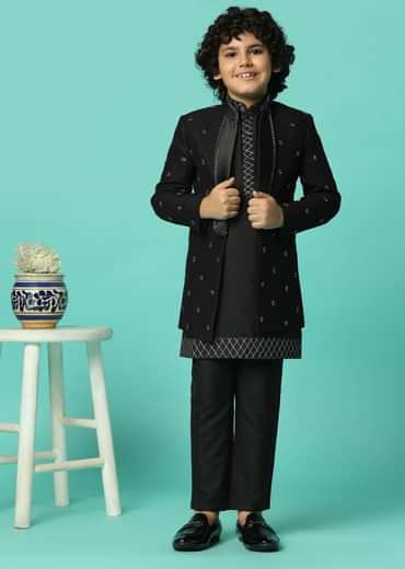 Elegant Black Silk Sherwani Set For Boys