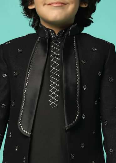Elegant Black Silk Sherwani Set For Boys