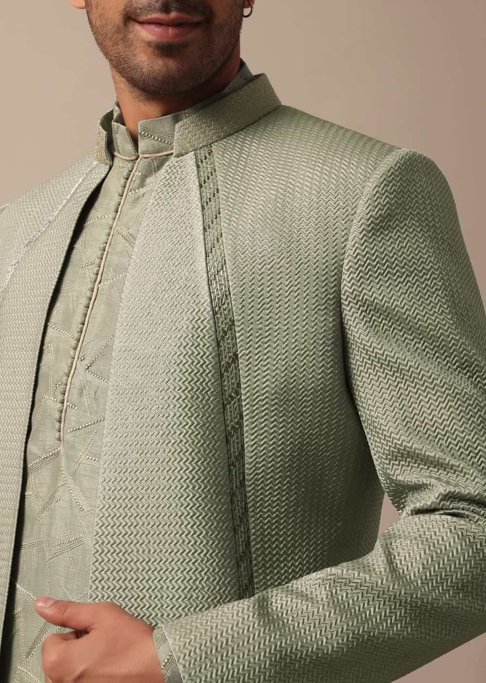 Elegant Green Indowestern Set Featuring Striking Self Work