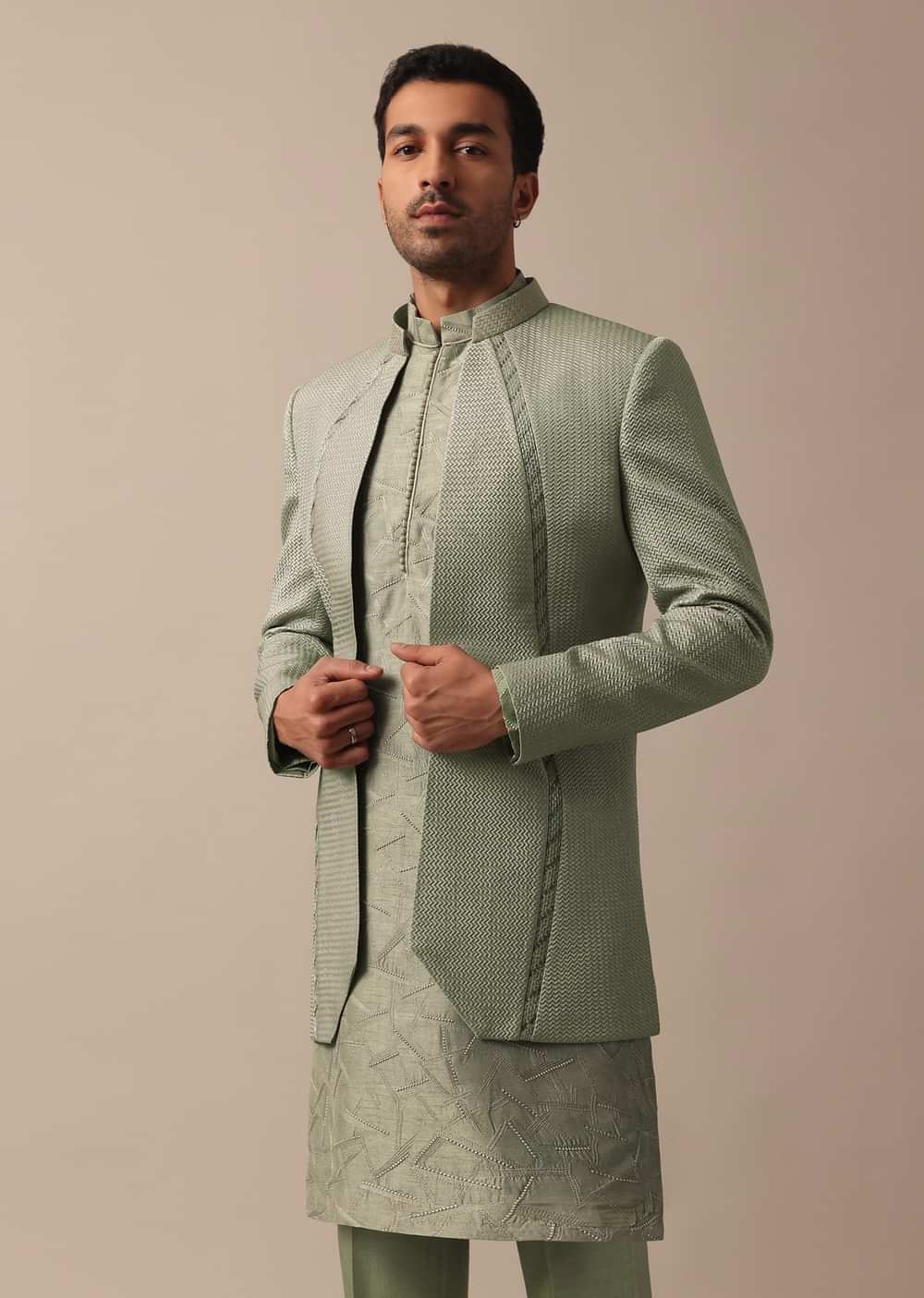 Elegant Green Indowestern Set Featuring Striking Self Work