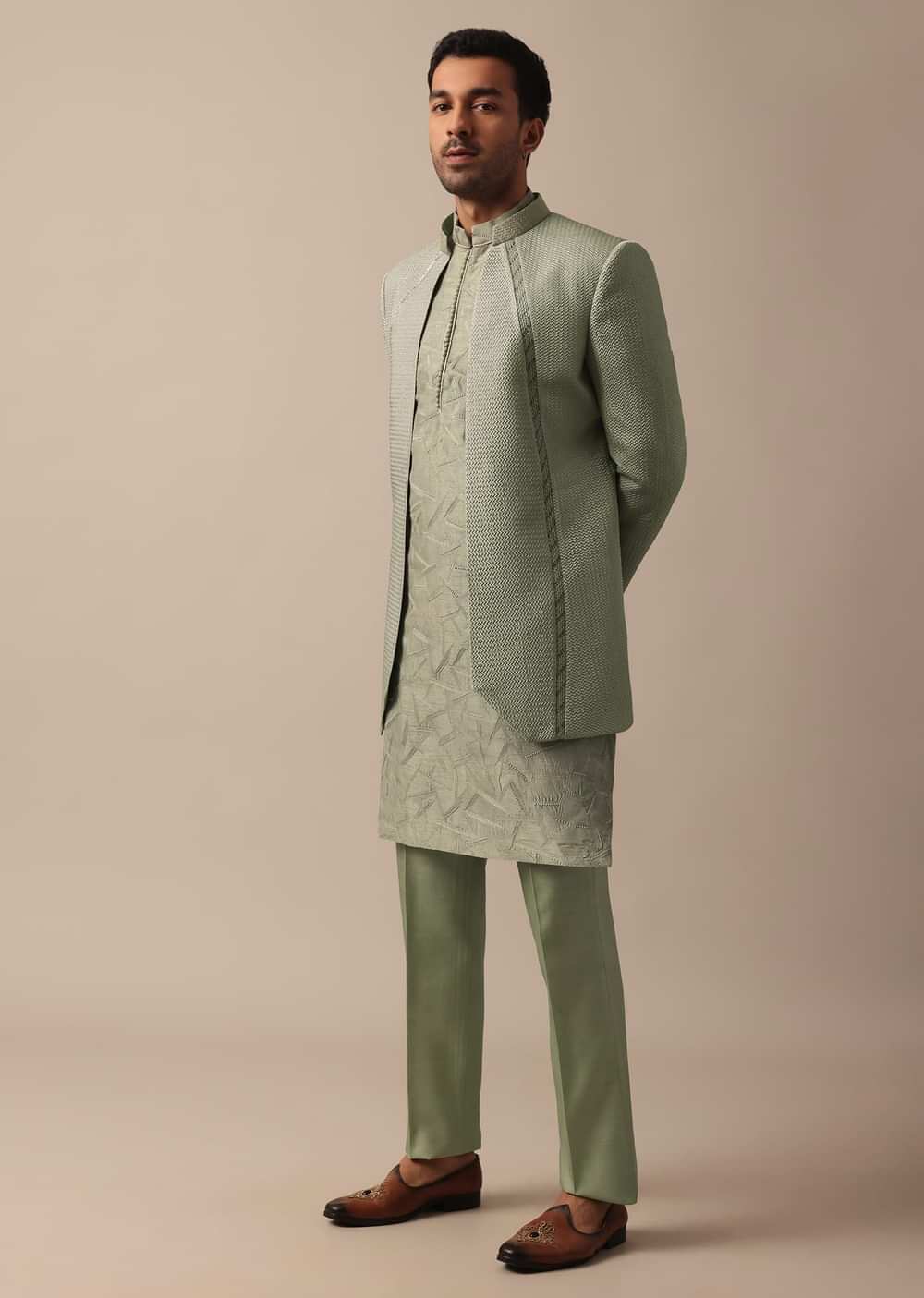 Elegant Green Indowestern Set Featuring Striking Self Work