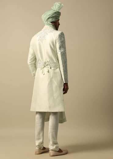 Elegant Green Raw Silk Sherwani Set