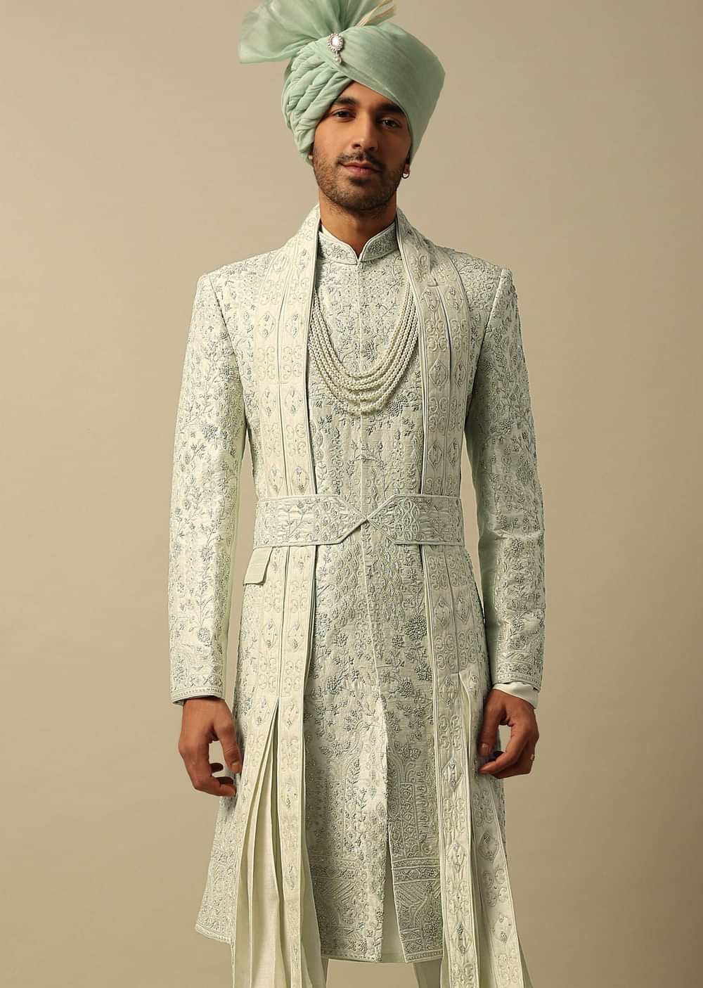 Elegant Green Raw Silk Sherwani Set