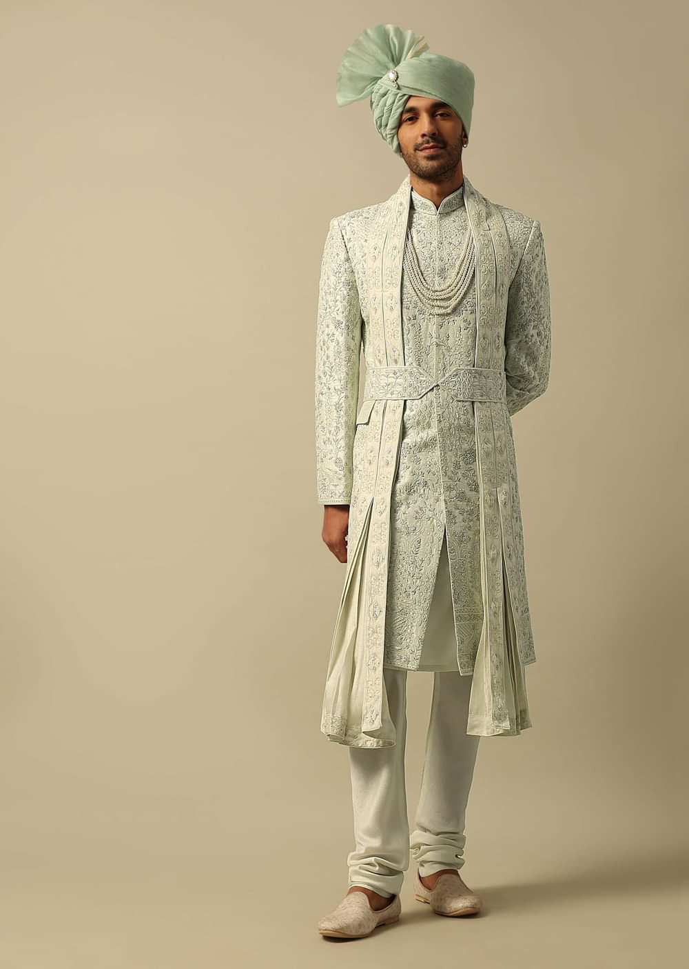 Elegant Green Raw Silk Sherwani Set