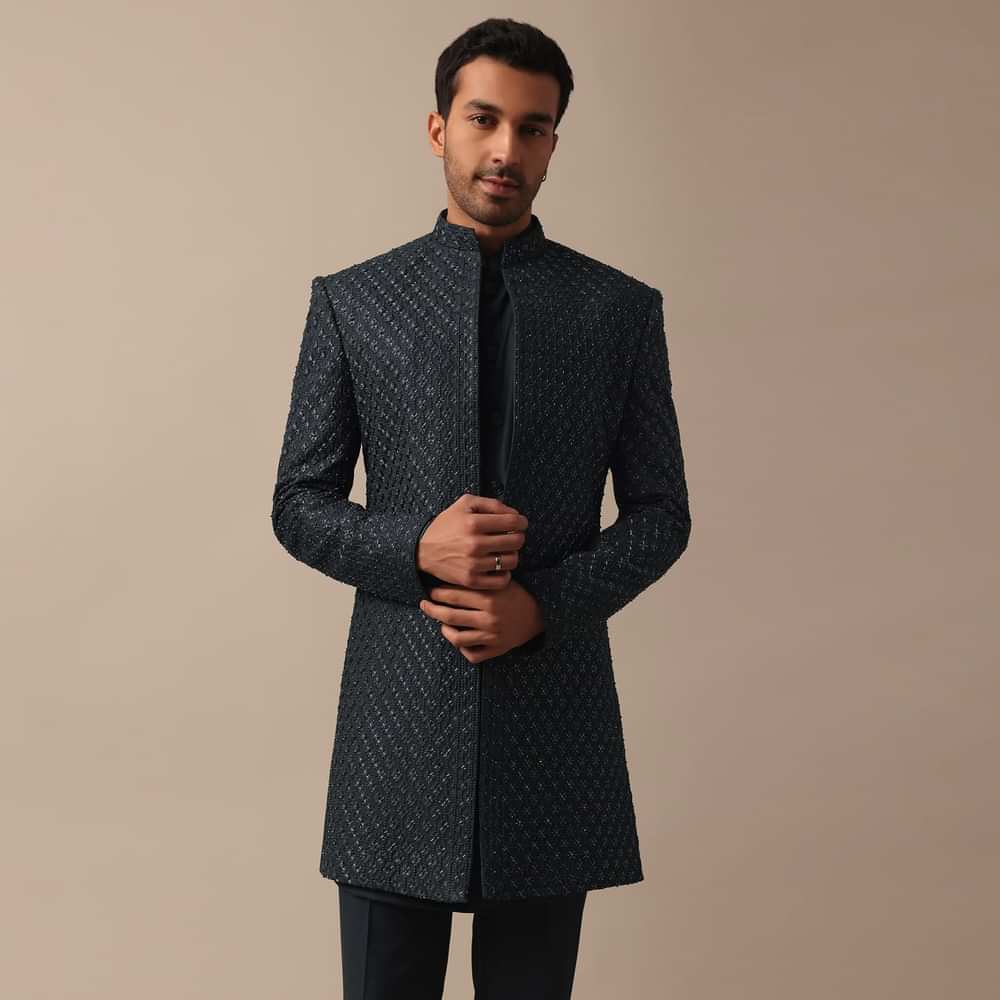 Elegant Grey Heavy Embroidered Indowestern For Grooms