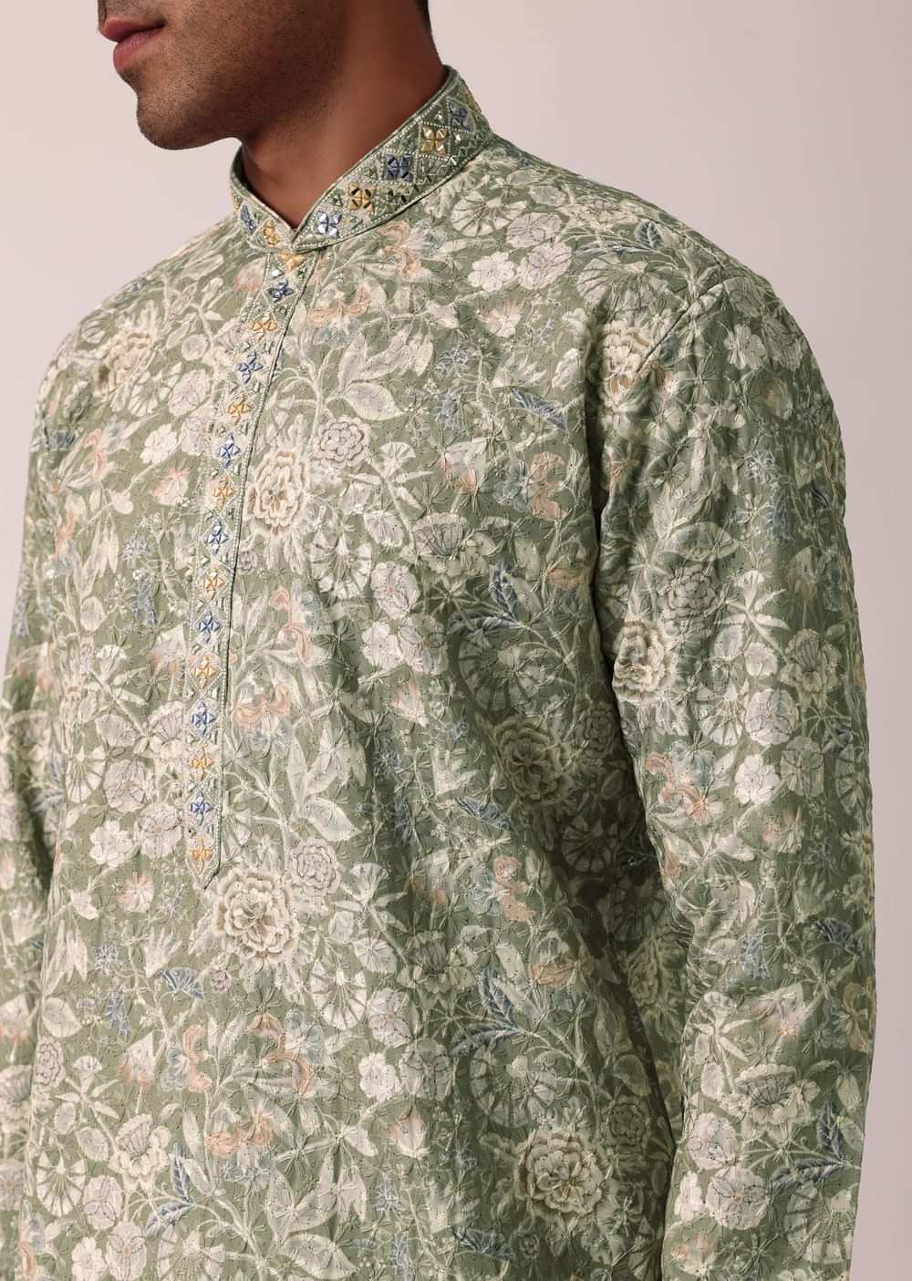 Elegant Grey Silk Kurta Set With All-Over Print