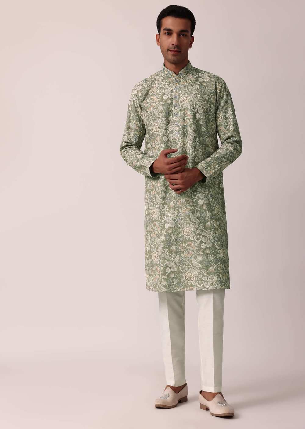 Elegant Grey Silk Kurta Set With All-Over Print