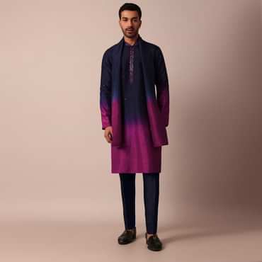 Elegant Navy Blue To Pink Ombre Silk Kurta Set For Men With Dupatta