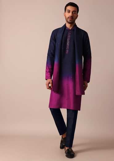 Elegant Navy Blue To Pink Ombre Silk Kurta Set For Men With Dupatta