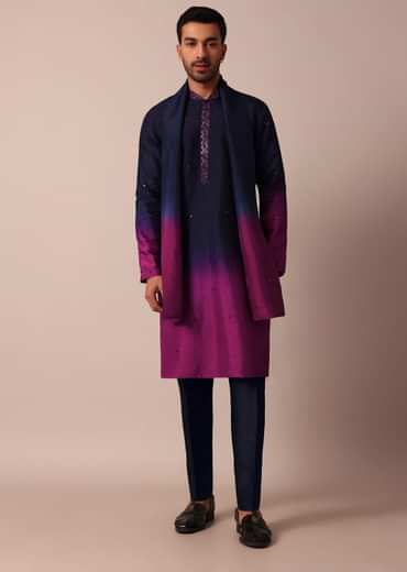 Elegant Navy Blue To Pink Ombre Silk Kurta Set For Men With Dupatta