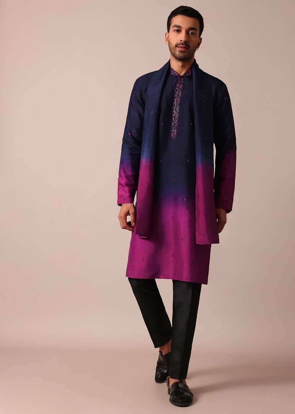 Elegant Navy Blue To Pink Ombre Silk Kurta Set For Men With Dupatta