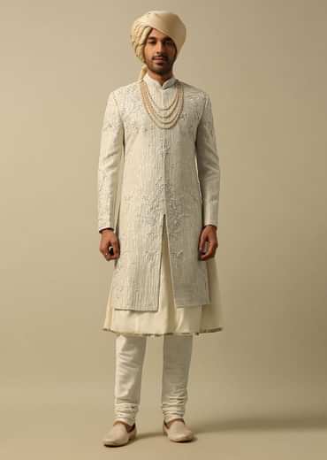 Classic White Raw Silk Sherwani