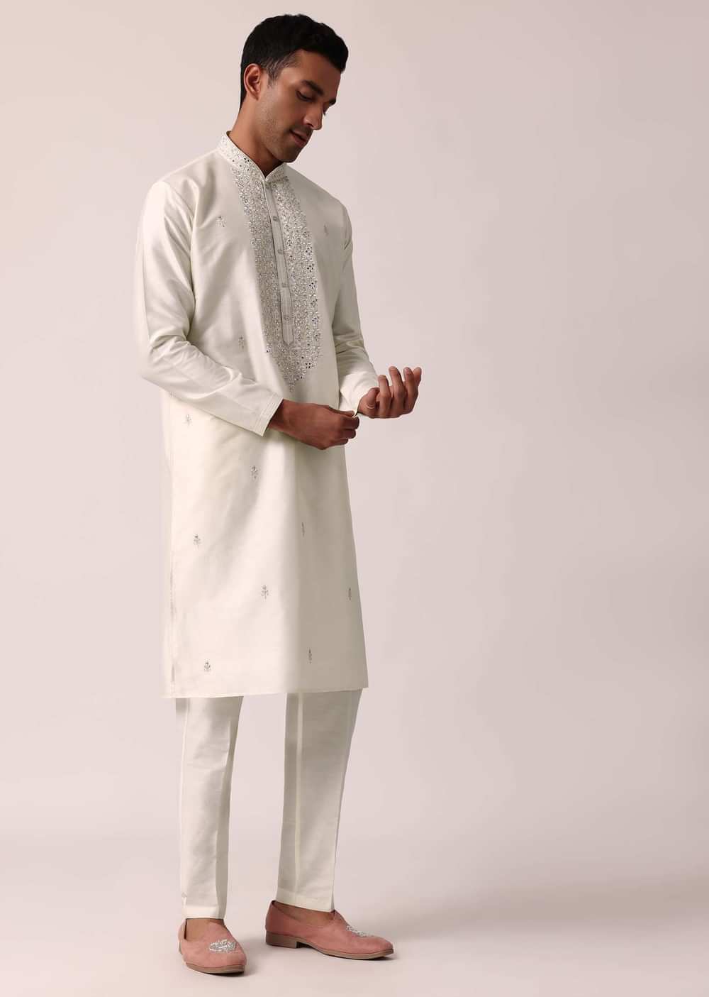 Elegant White Silk Kurta Set With Hand Embroidery