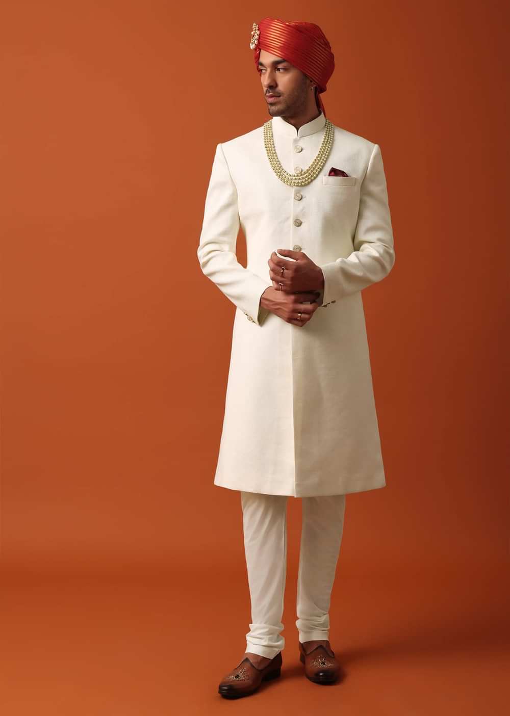 Elegant White Silk Sherwani Set With Pure Silk Pashmina Dupatta