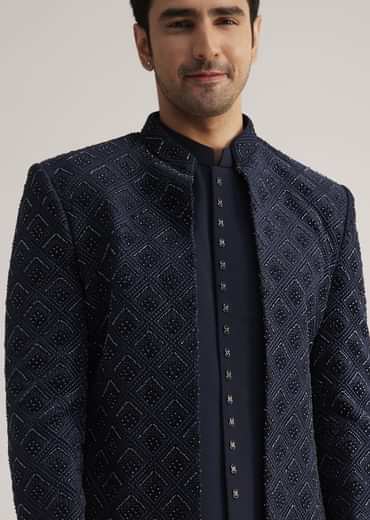 Prussian Blue Sherwani Set With Stone Work Detailing
