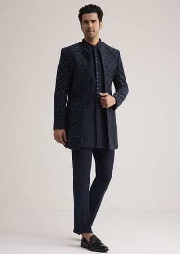 Prussian Blue Sherwani Set With Stone Work Detailing