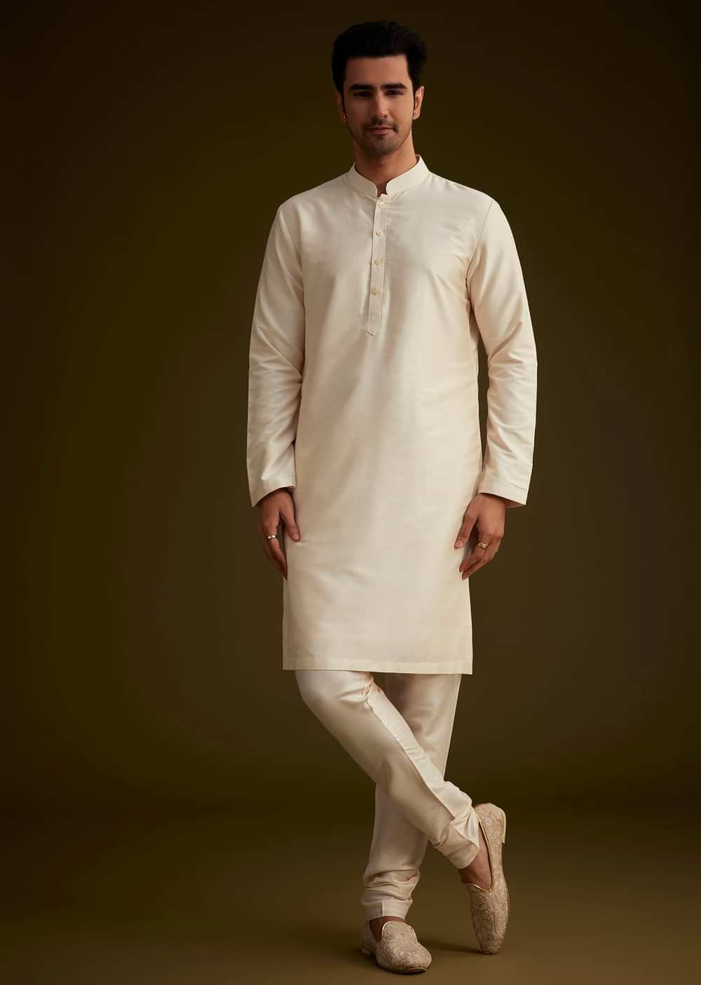 Light Peach Silk Sherwani Set With Dori Pearl And Stone Embroidery