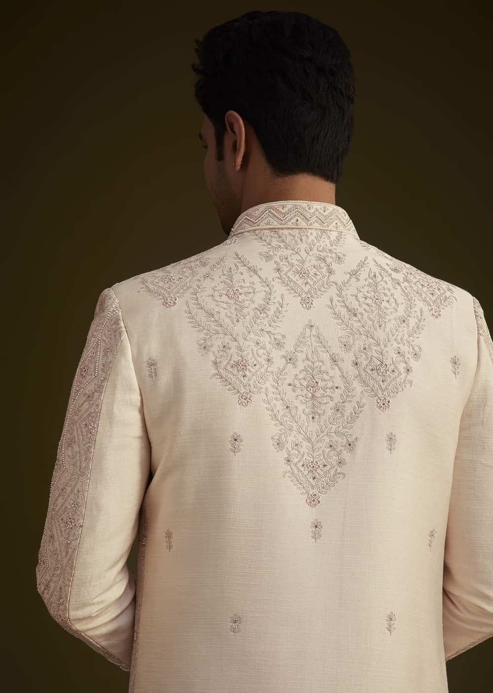 Light Peach Silk Sherwani Set With Dori Pearl And Stone Embroidery