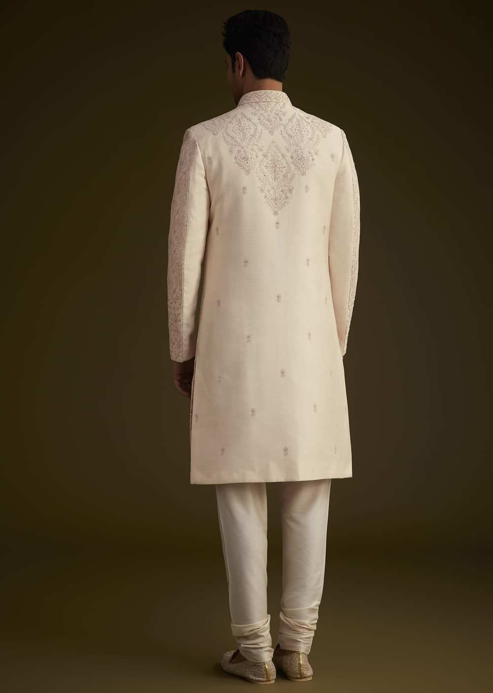 Light Peach Silk Sherwani Set With Dori Pearl And Stone Embroidery