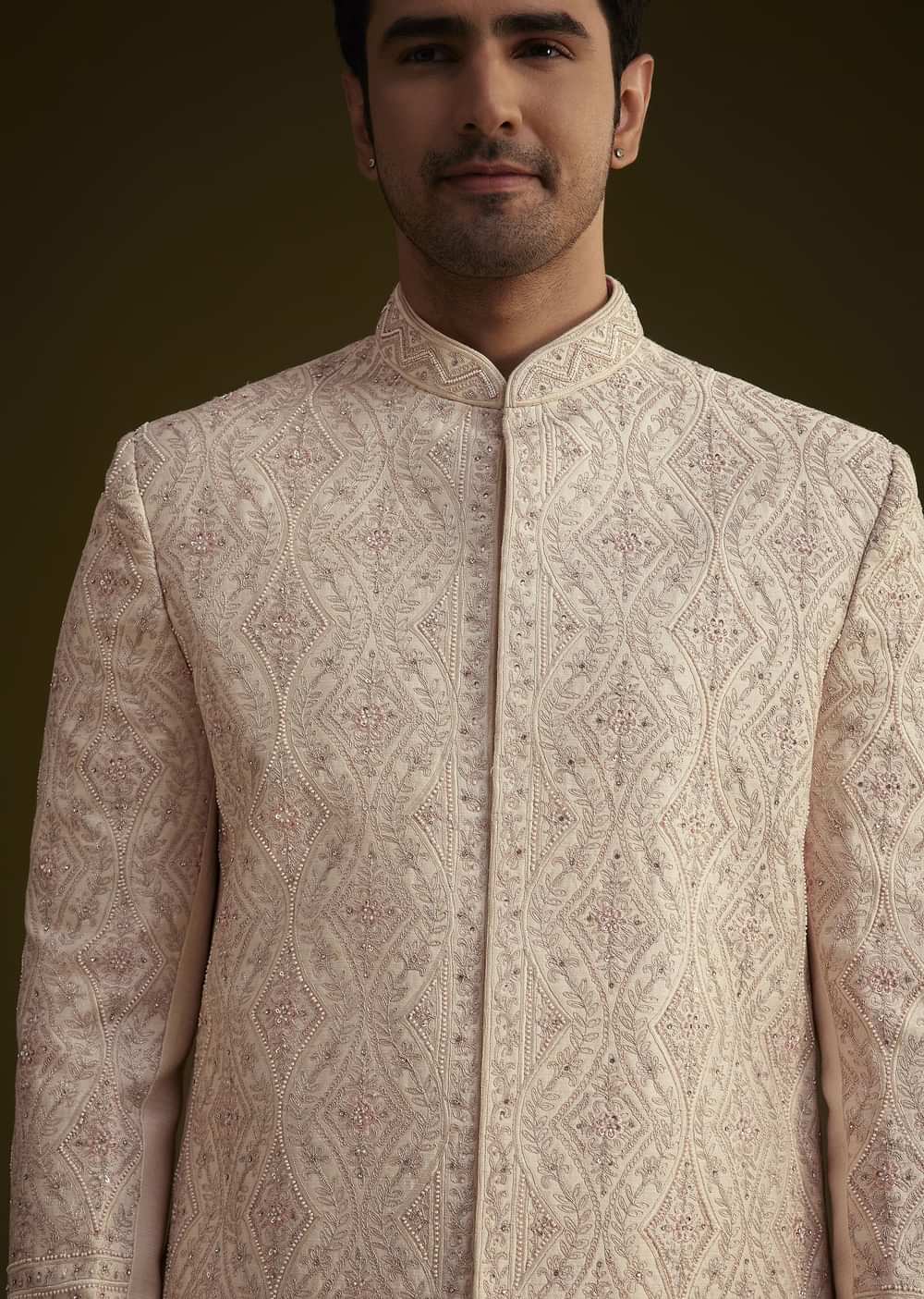Light Peach Silk Sherwani Set With Dori Pearl And Stone Embroidery