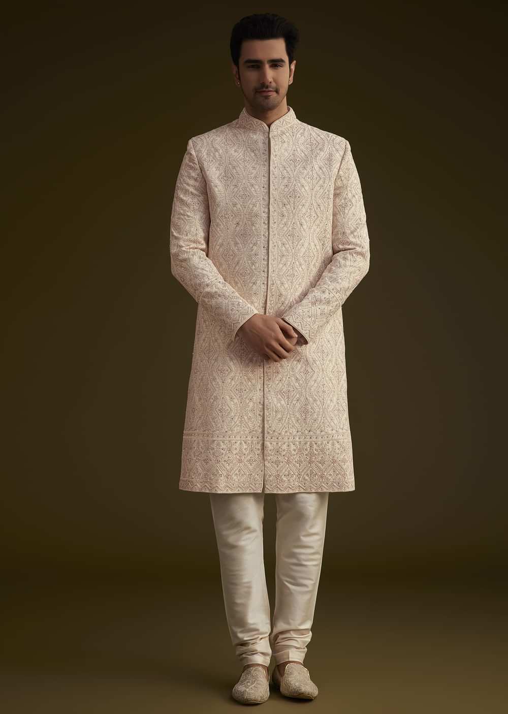 Light Peach Silk Sherwani Set With Dori Pearl And Stone Embroidery
