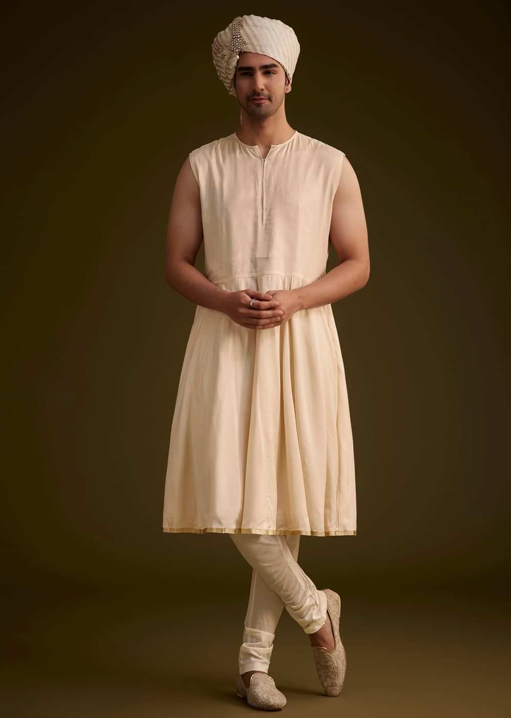 Beige Silk Sherwani Set With Zardosi Embroidery And Anarkali Kurta