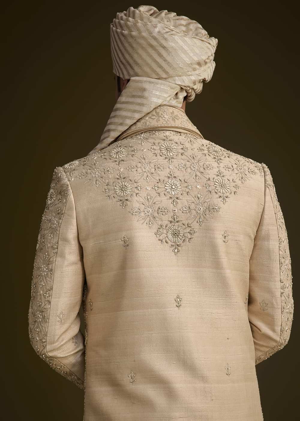Beige Silk Sherwani Set With Zardosi Embroidery And Anarkali Kurta
