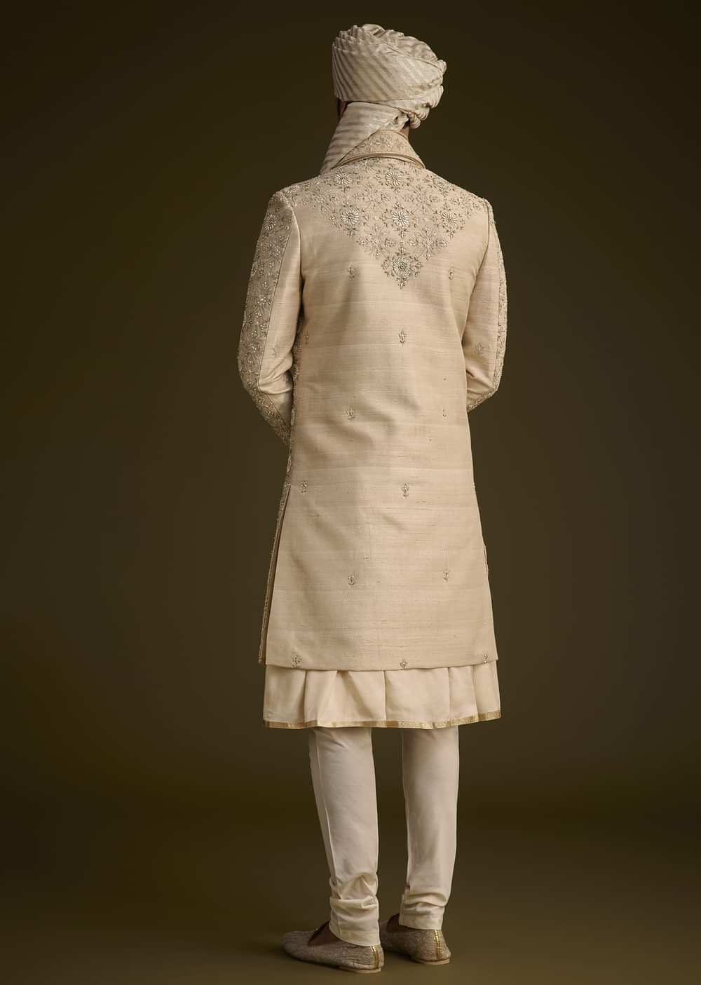 Beige Silk Sherwani Set With Zardosi Embroidery And Anarkali Kurta