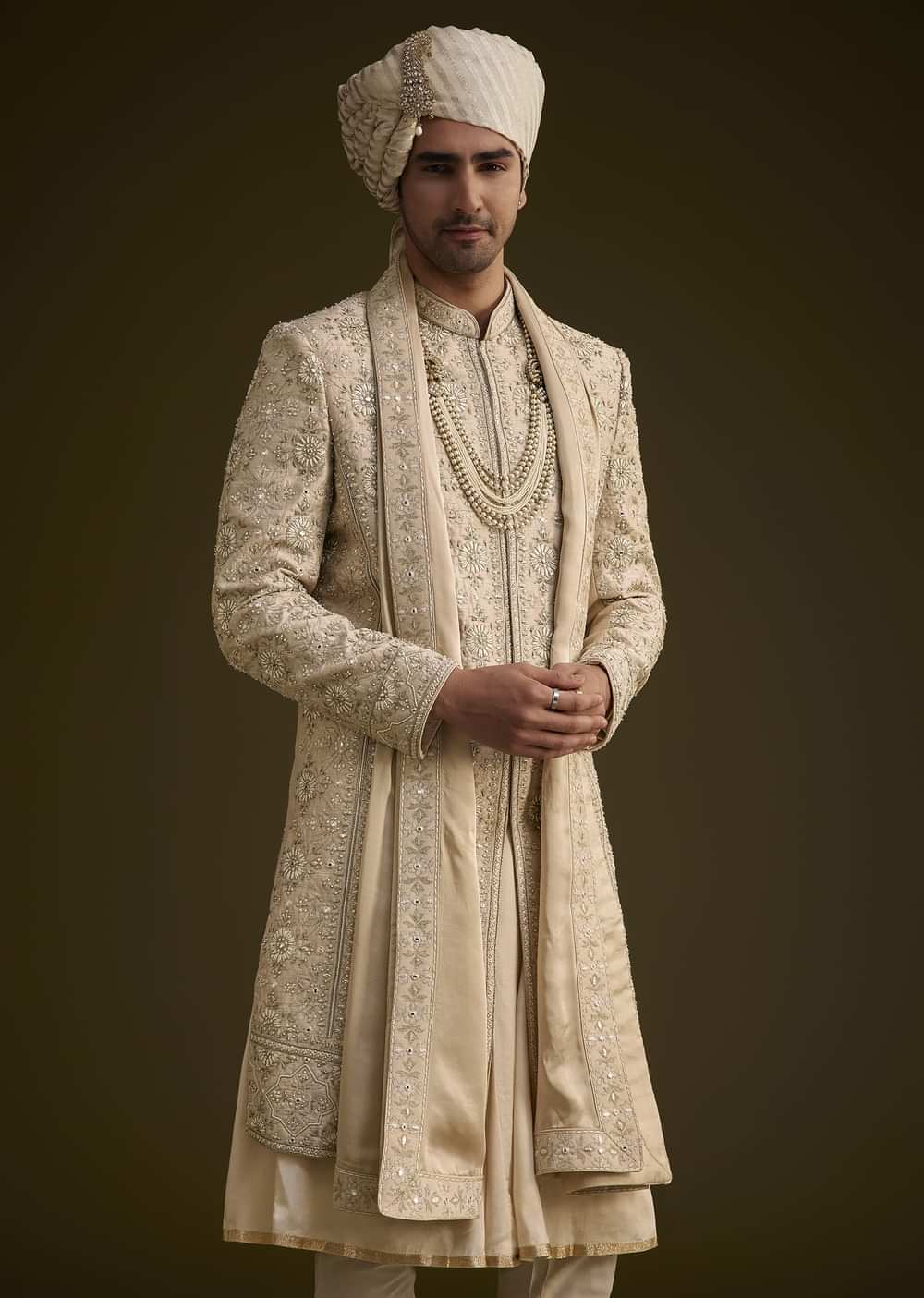 Beige Silk Sherwani Set With Zardosi Embroidery And Anarkali Kurta