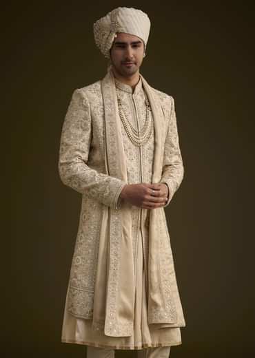 Beige Silk Sherwani Set With Zardosi Embroidery And Anarkali Kurta
