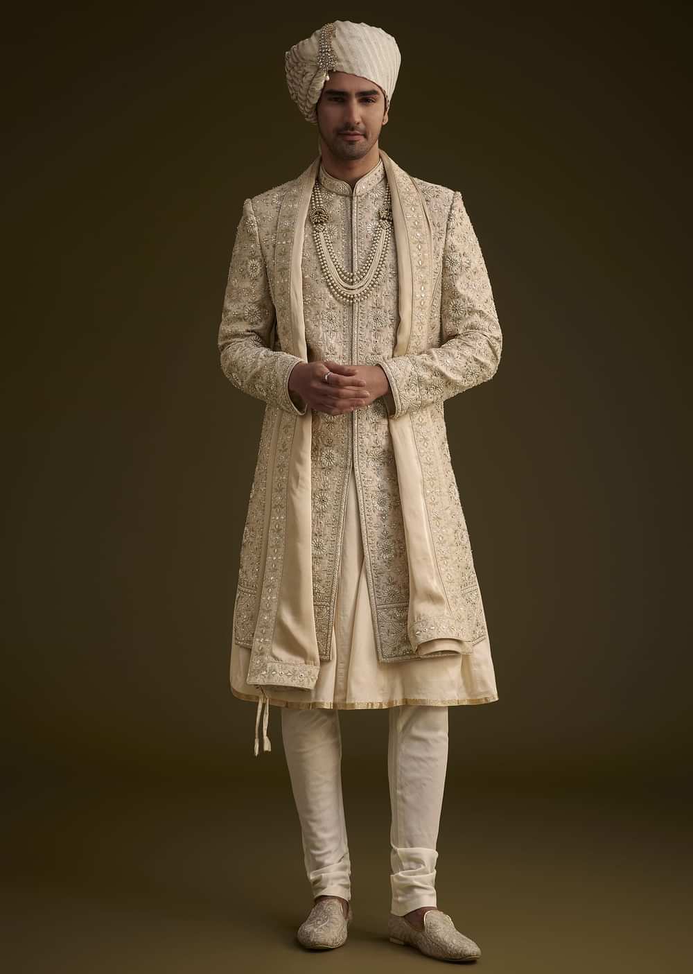 Beige Silk Sherwani Set With Zardosi Embroidery And Anarkali Kurta
