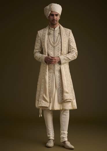Beige Silk Sherwani Set With Zardosi Embroidery And Anarkali Kurta