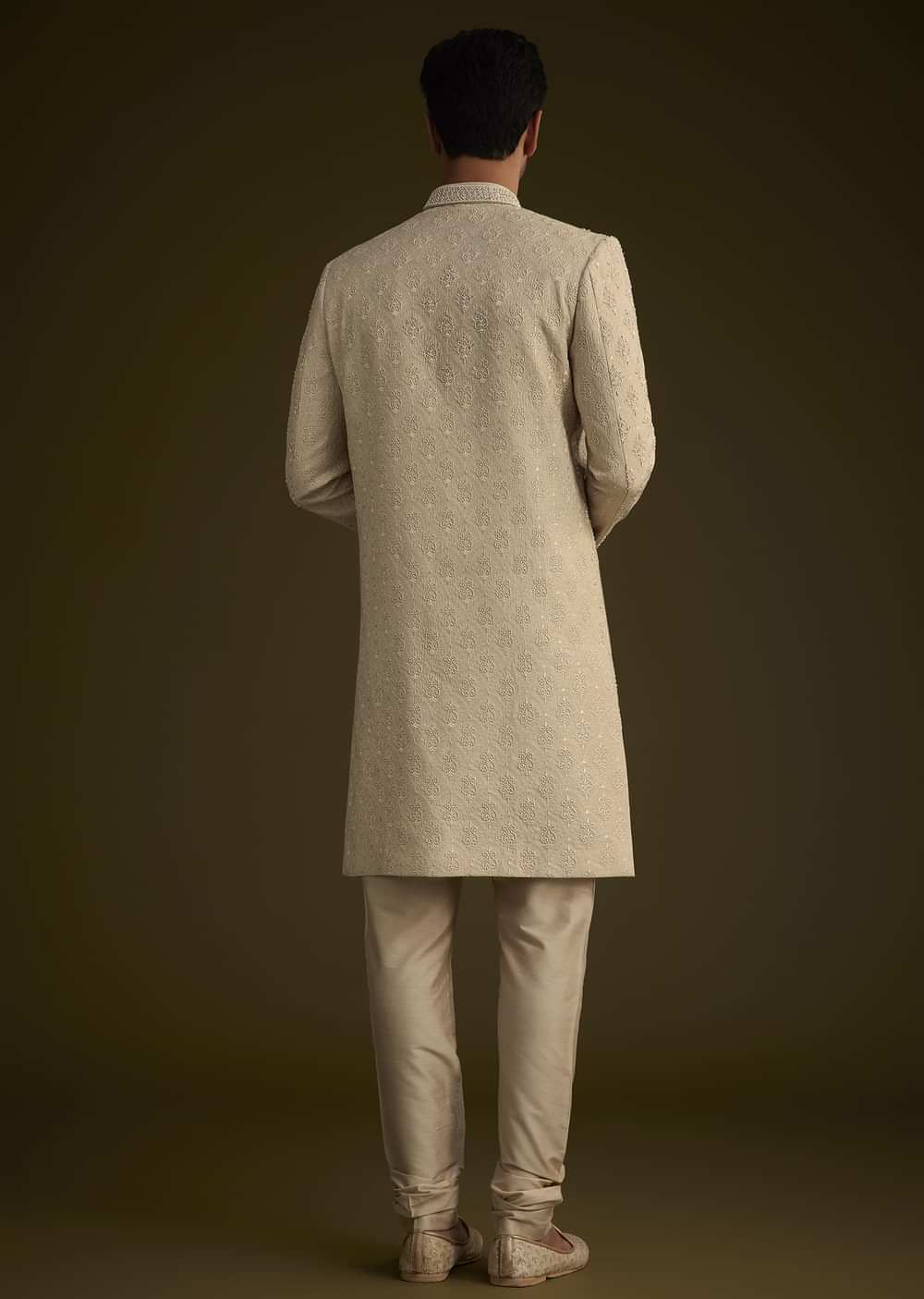 Fawn Silk Sherwani Set With Zardosi Embroidery