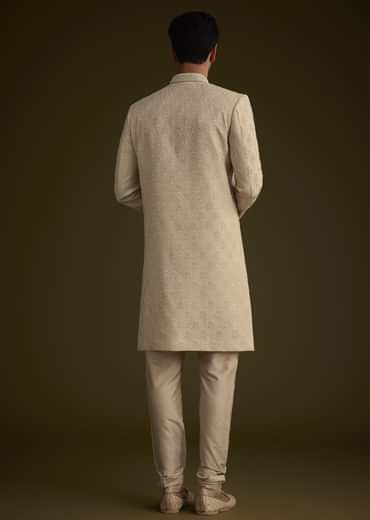 Fawn Silk Sherwani Set With Zardosi Embroidery