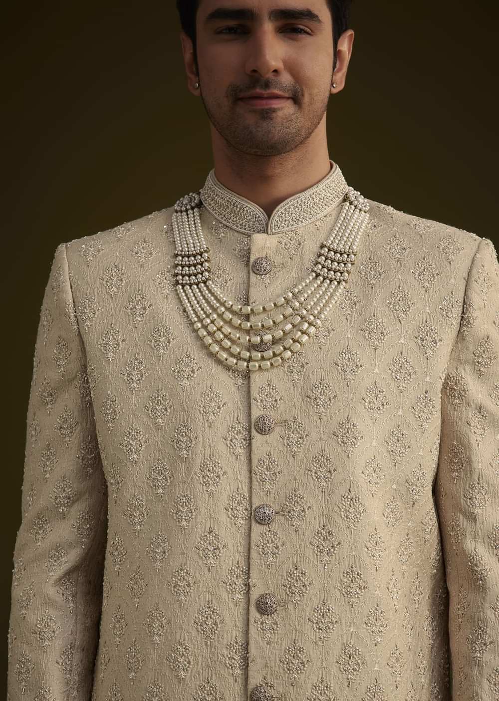 Fawn Silk Sherwani Set With Zardosi Embroidery
